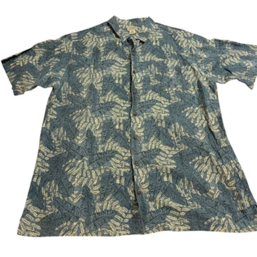 L.L.Bean Hawaiian Shirt Leaf Print Mens XLT Blue Cotton Button Up Short Sleeve E